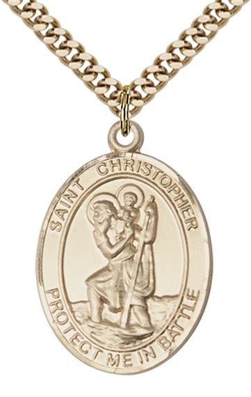 14KT GOLD FILLED ST CHRISTOPHER PENDANT ON A 24 INCH GOLD PLATE CHAIN